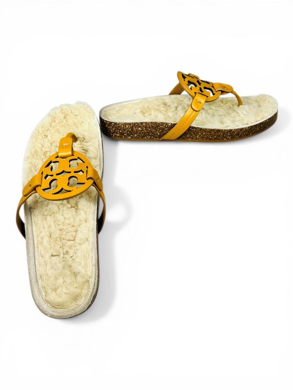 Tory Burch Miller Cloud Shearling Sandals Ochre Leather Platform 8